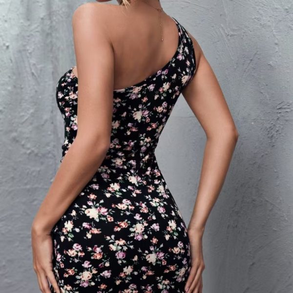 One Shoulder Drawstring Pleated Ruffle Hem Floral Dress - Image 2